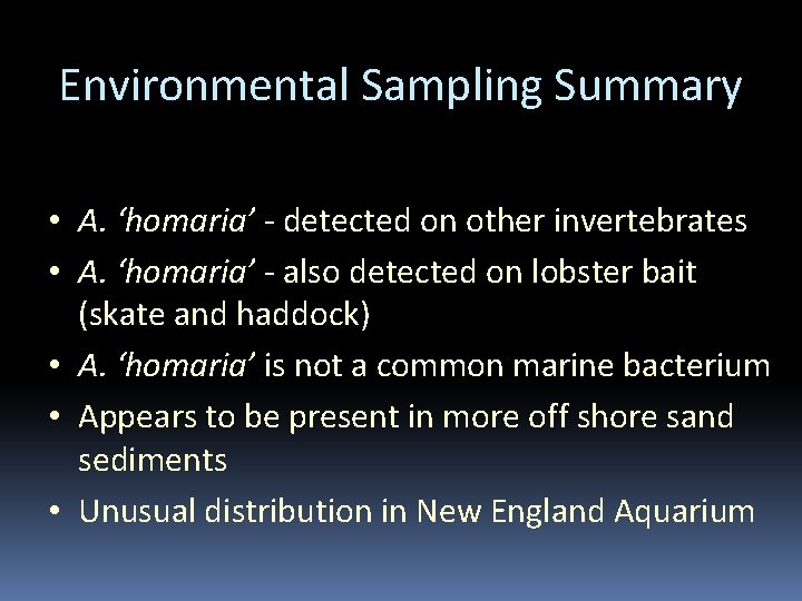 Environmental Sampling Summary • A. ‘homaria’ - detected on other invertebrates • A. ‘homaria’