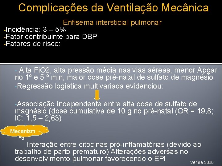 Complicações da Ventilação Mecânica Enfisema intersticial pulmonar -Incidência: 3 – 5% -Fator contribuinte para