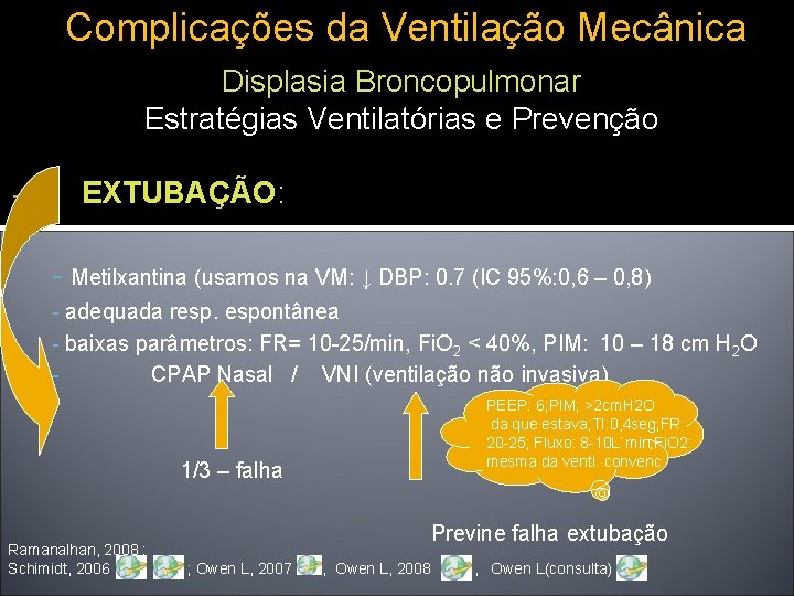 Complicações da Ventilação Mecânica Displasia Broncopulmonar Estratégias Ventilatórias e Prevenção EXTUBAÇÃO: - - Metilxantina