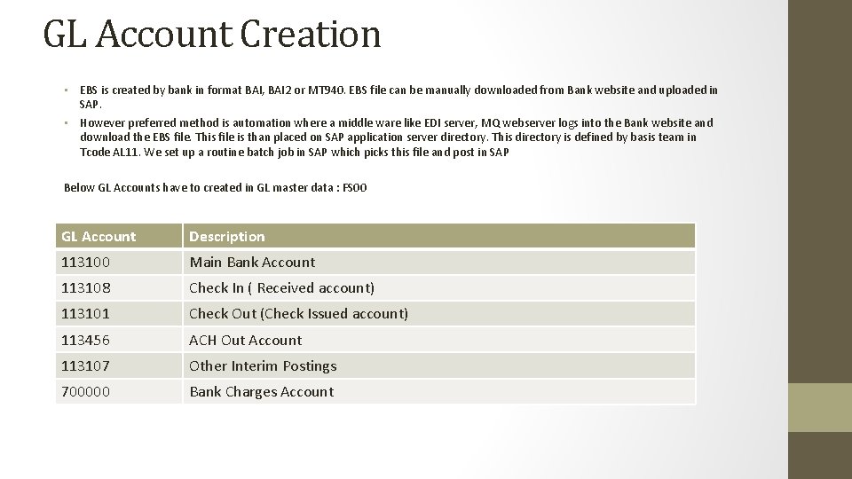 GL Account Creation • EBS is created by bank in format BAI, BAI 2 GL Account Creation • EBS is created by bank in format BAI, BAI 2