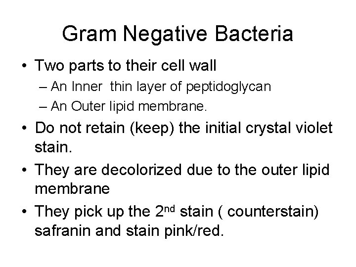 Gram Negative Bacteria • Two parts to their cell wall – An Inner thin