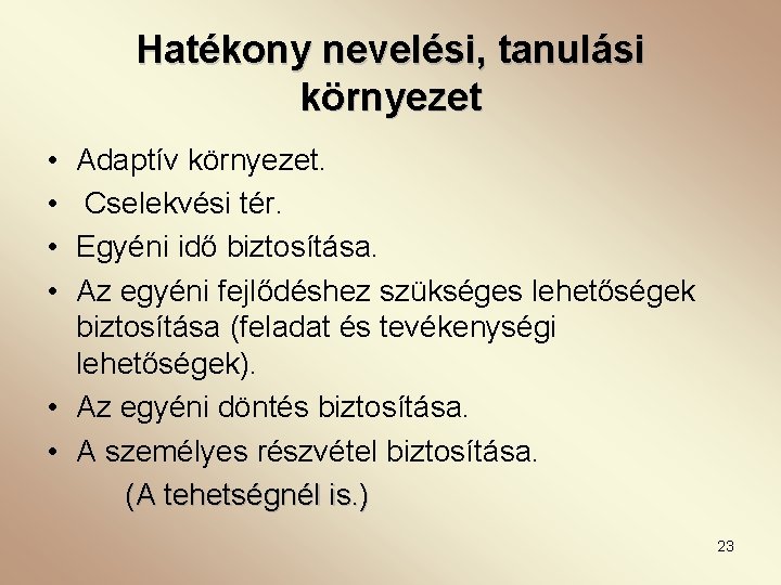 Hatékony nevelési, tanulási környezet • • Adaptív környezet. Cselekvési tér. Egyéni idő biztosítása. Az