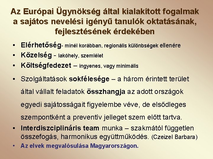 Az Európai Ügynökség által kialakított fogalmak a sajátos nevelési igényű tanulók oktatásának, fejlesztésének érdekében