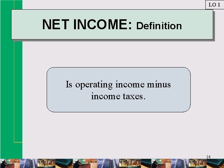 LO 1 NET INCOME: Definition Is operating income minus income taxes. 14 