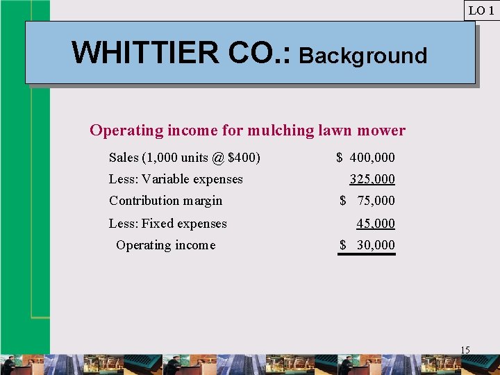 LO 1 WHITTIER CO. : Background Operating income for mulching lawn mower Sales (1,