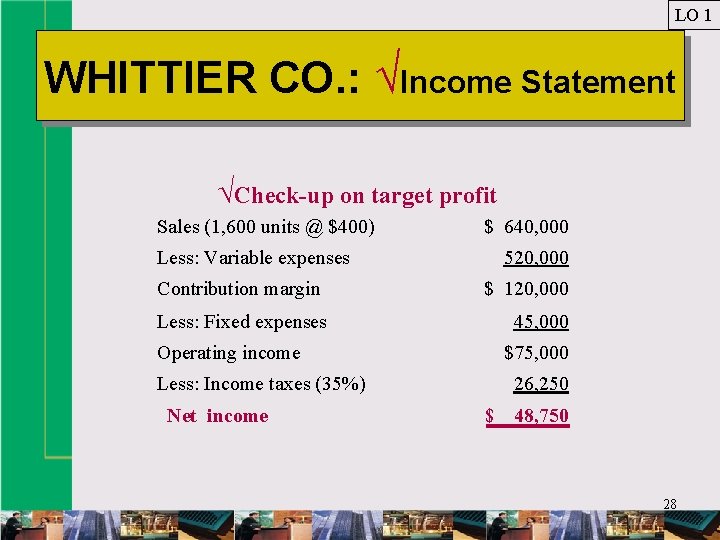 LO 1 WHITTIER CO. : √Income Statement √Check-up on target profit Sales (1, 600