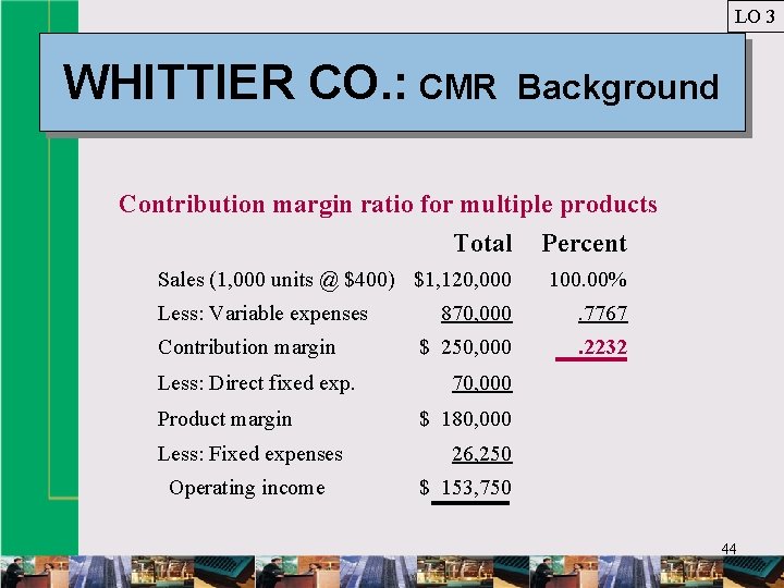 LO 3 WHITTIER CO. : CMR Background Contribution margin ratio for multiple products Total