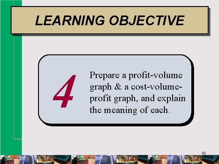 LEARNING OBJECTIVE 4 Prepare a profit-volume graph & a cost-volumeprofit graph, and explain the