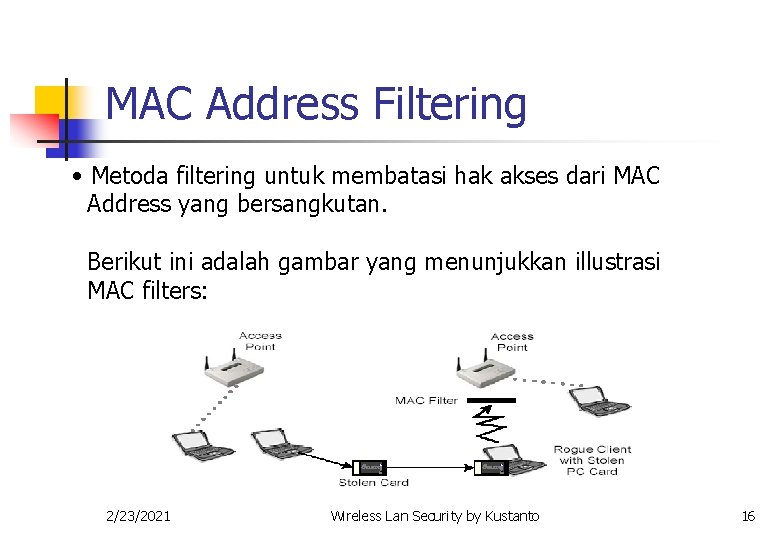 MAC Address Filtering • Metoda filtering untuk membatasi hak akses dari MAC Address yang