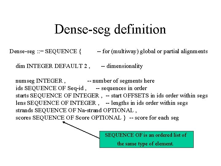 Dense-seg definition Dense-seg : : = SEQUENCE { dim INTEGER DEFAULT 2 , --