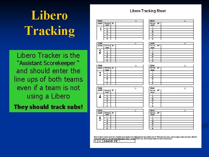 Libero Tracking Libero Tracker is the “Assistant Scorekeeper “ and should enter the line