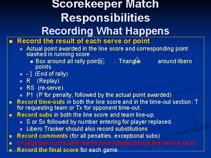 Scorekeeper Match Responsibilities Recording What Happens n Record the result of each serve or