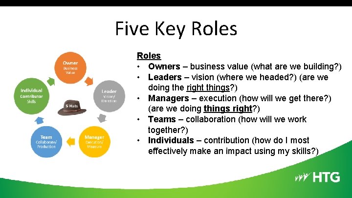 Five Key Roles • Owners – business value (what are we building? ) •