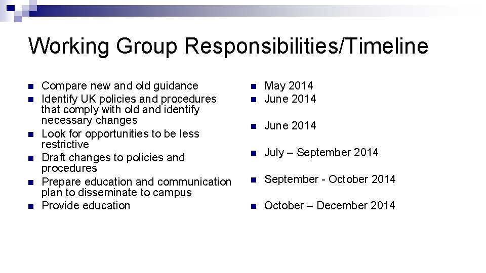 Working Group Responsibilities/Timeline n n n Compare new and old guidance Identify UK policies