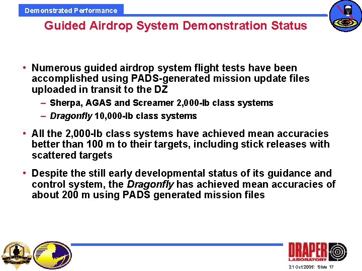 Demonstrated Performance Guided Airdrop System Demonstration Status • Numerous guided airdrop system flight tests