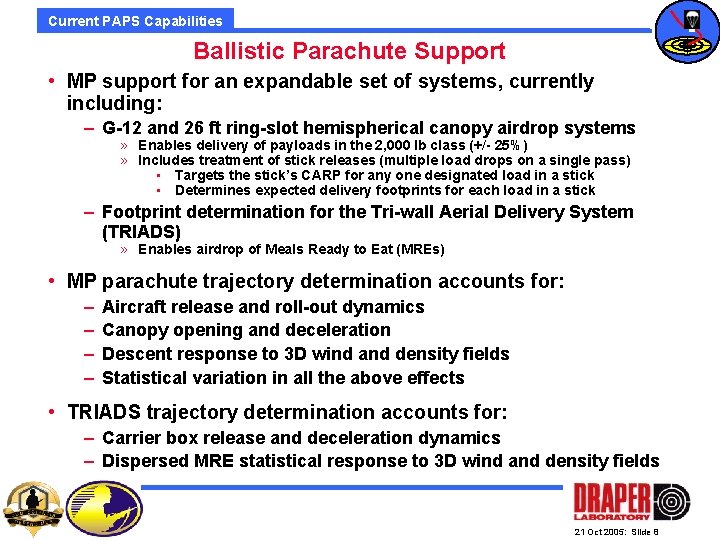 Current PAPS Capabilities Ballistic Parachute Support • MP support for an expandable set of