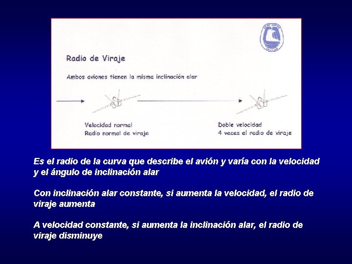 Es el radio de la curva que describe el avión y varía con la