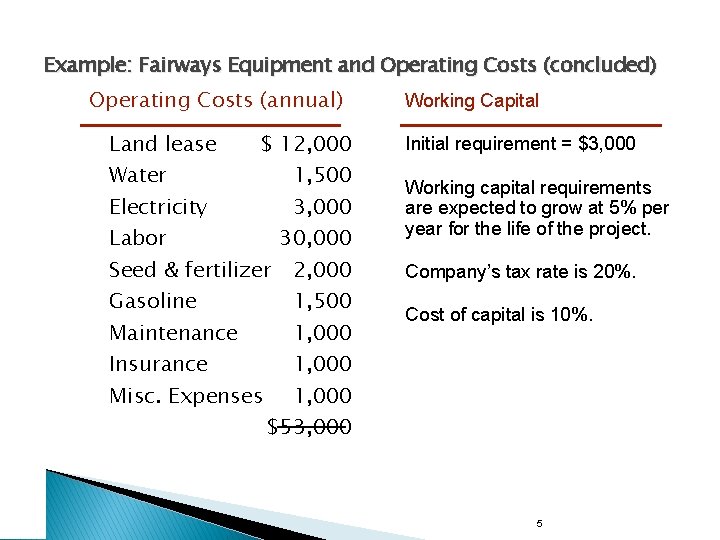 Example: Fairways Equipment and Operating Costs (concluded) Operating Costs (annual) Land lease $ 12,