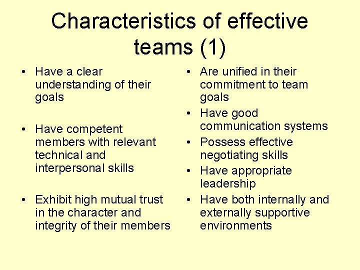 Characteristics of effective teams (1) • Have a clear understanding of their goals •