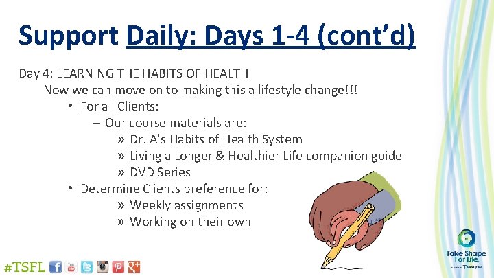 Support Daily: Days 1 -4 (cont’d) Day 4: LEARNING THE HABITS OF HEALTH Now