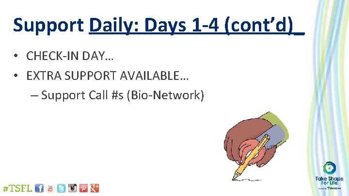 Support Daily: Days 1 -4 (cont’d)_ • CHECK-IN DAY… • EXTRA SUPPORT AVAILABLE… –