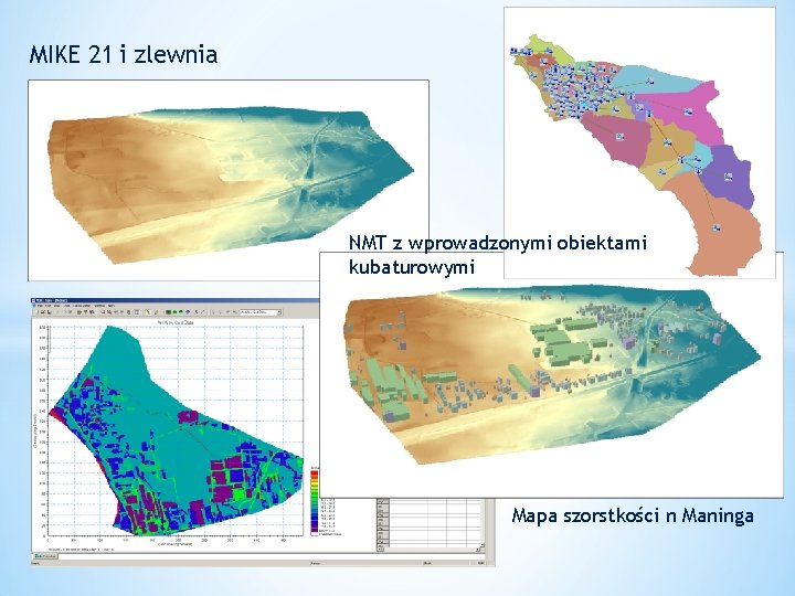 MIKE 21 i zlewnia NMT z wprowadzonymi obiektami kubaturowymi Mapa szorstkości n Maninga 