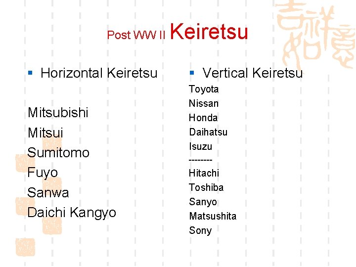 Post WW II § Horizontal Keiretsu Mitsubishi Mitsui Sumitomo Fuyo Sanwa Daichi Kangyo Keiretsu