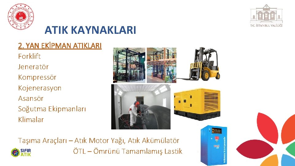 ATIK KAYNAKLARI 2. YAN EKİPMAN ATIKLARI Forklift Jeneratör Kompressör Kojenerasyon Asansör Soğutma Ekipmanları Klimalar