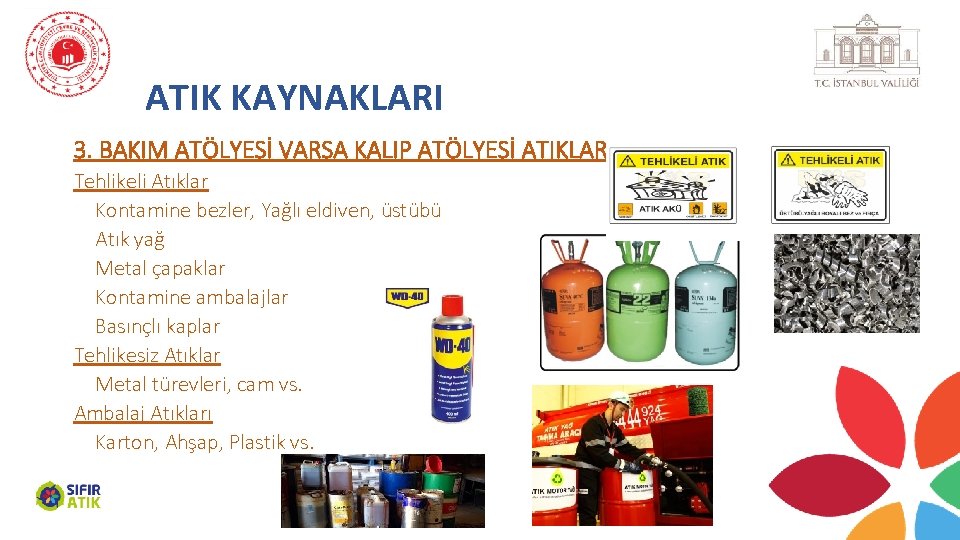 ATIK KAYNAKLARI 3. BAKIM ATÖLYESİ VARSA KALIP ATÖLYESİ ATIKLARI Tehlikeli Atıklar Kontamine bezler, Yağlı