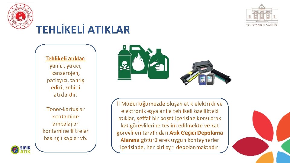 TEHLİKELİ ATIKLAR Tehlikeli atıklar: yanıcı, yakıcı, kanserojen, patlayıcı, tahriş edici, zehirli atıklardır. Toner-kartuşlar kontamine