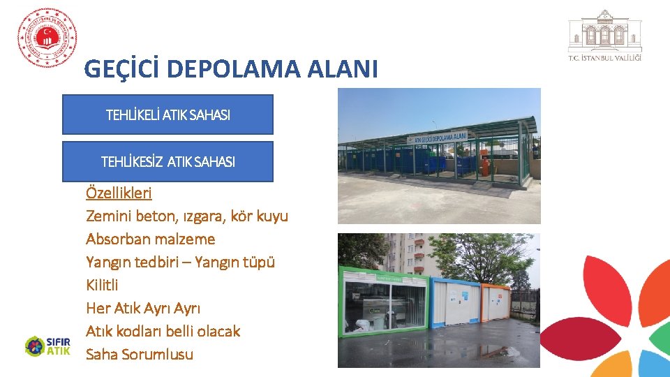GEÇİCİ DEPOLAMA ALANI TEHLİKELİ ATIK SAHASI TEHLİKESİZ ATIK SAHASI Özellikleri Zemini beton, ızgara, kör