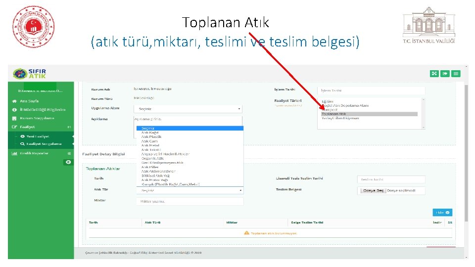 Toplanan Atık (atık türü, miktarı, teslimi ve teslim belgesi) 