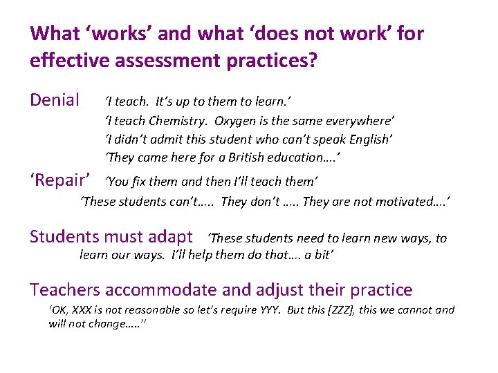 What ‘works’ and what ‘does not work’ for effective assessment practices? Denial ‘I teach.