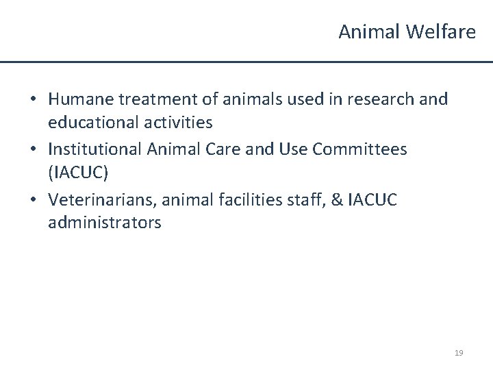 Animal Welfare • Humane treatment of animals used in research and educational activities •