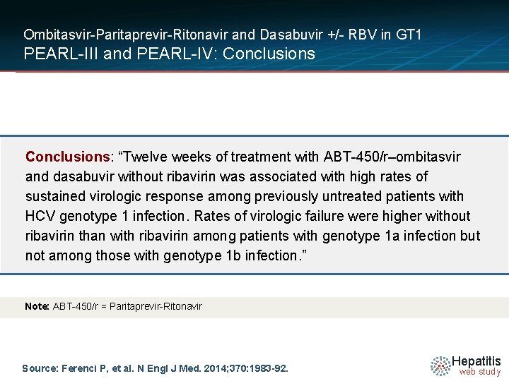 Ombitasvir-Paritaprevir-Ritonavir and Dasabuvir +/- RBV in GT 1 PEARL-III and PEARL-IV: Conclusions: “Twelve weeks