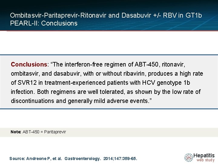 Ombitasvir-Paritaprevir-Ritonavir and Dasabuvir +/- RBV in GT 1 b PEARL-II: Conclusions: “The interferon-free regimen