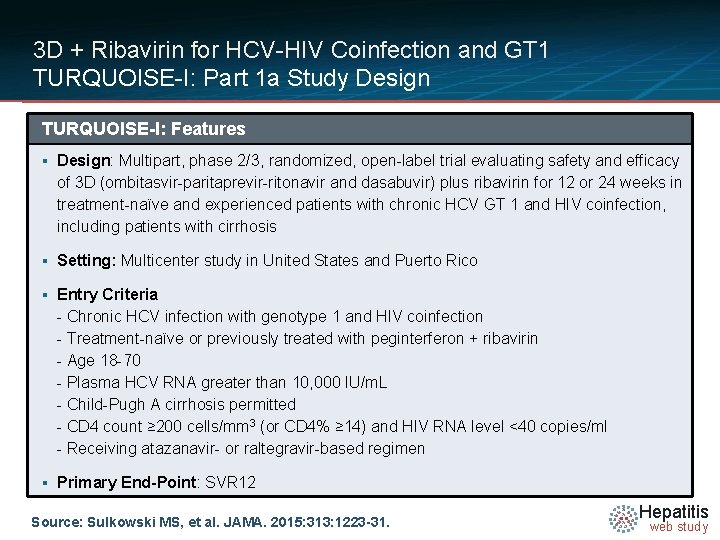 3 D + Ribavirin for HCV-HIV Coinfection and GT 1 TURQUOISE-I: Part 1 a