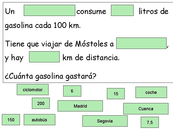 Un consume litros de gasolina cada 100 km. Tiene que viajar de Móstoles a