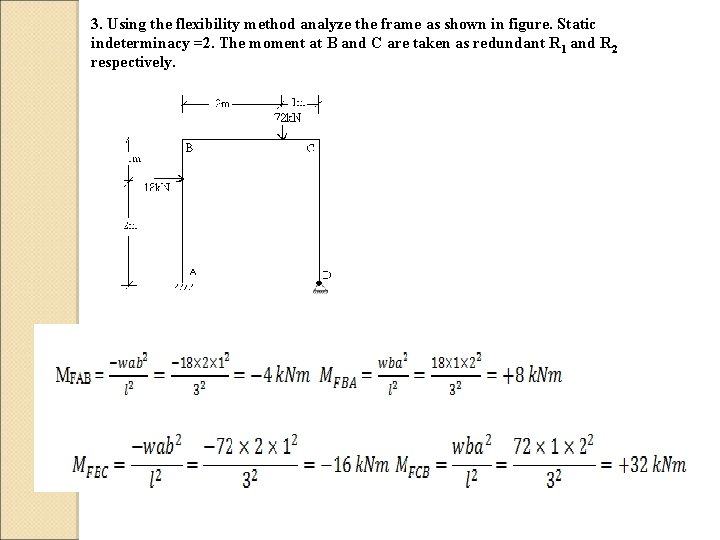 3. Using the flexibility method analyze the frame as shown in figure. Static indeterminacy