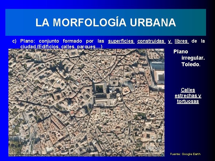 LA MORFOLOGÍA URBANA c) Plano: conjunto formado por las superficies construidas y libres de