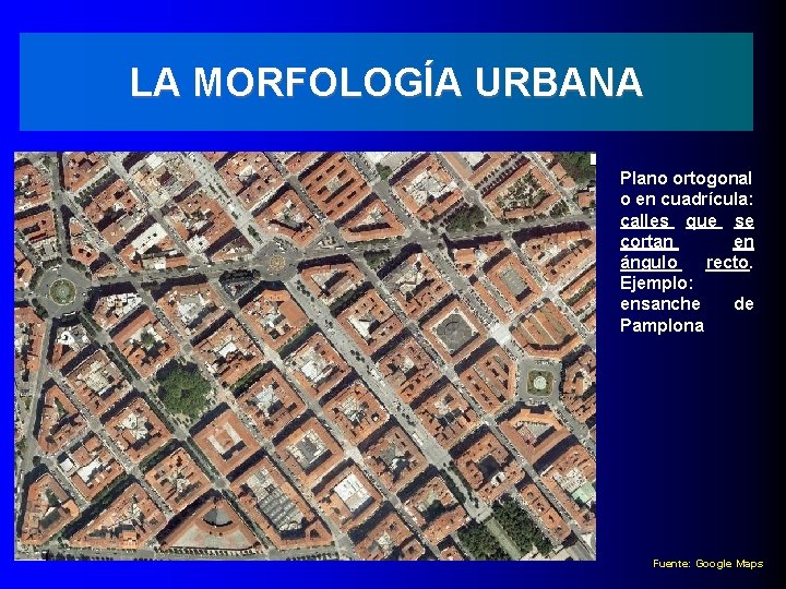 LA MORFOLOGÍA URBANA Plano ortogonal o en cuadrícula: calles que se cortan en ángulo
