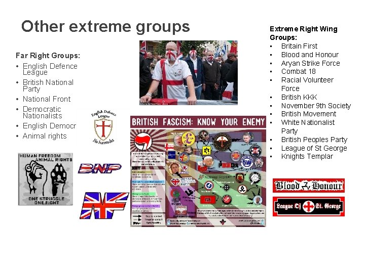 Other extreme groups Far Right Groups: • English Defence League • British National Party