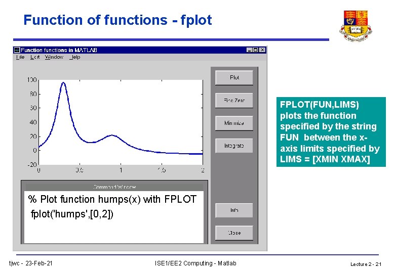 Function of functions - fplot FPLOT(FUN, LIMS) plots the function specified by the string