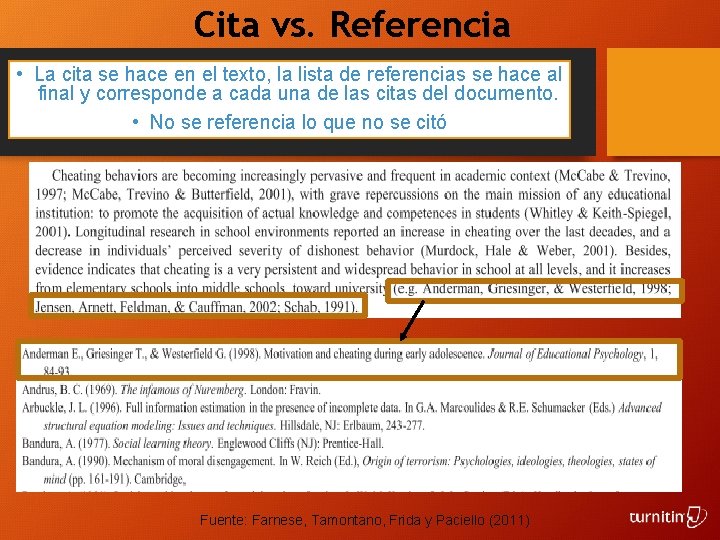 Cita vs. Referencia • La cita se hace en el texto, la lista de