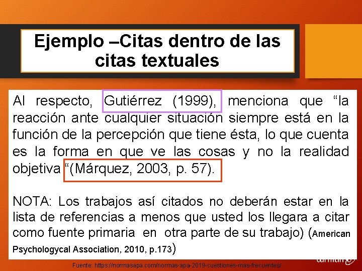 Ejemplo –Citas dentro de las citas textuales Al respecto, Gutiérrez (1999), menciona que “la