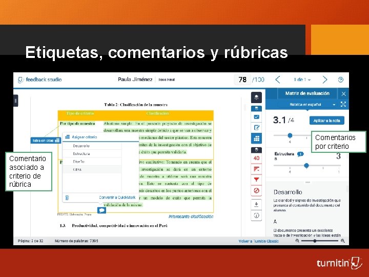 Etiquetas, comentarios y rúbricas Comentarios por criterio Comentario asociado a criterio de rúbrica 