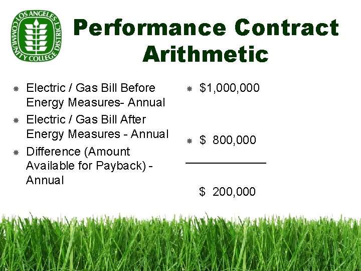 Performance Contract Arithmetic Electric / Gas Bill Before Energy Measures- Annual Electric / Gas