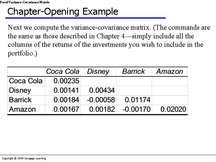 Excel Variance-Covariance Matrix Chapter-Opening Example Next we compute the variance-covariance matrix. (The commands are