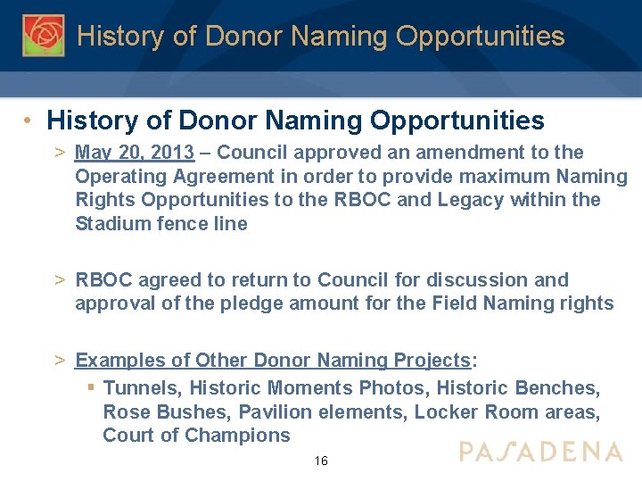 History of Donor Naming Opportunities • History of Donor Naming Opportunities > May 20,