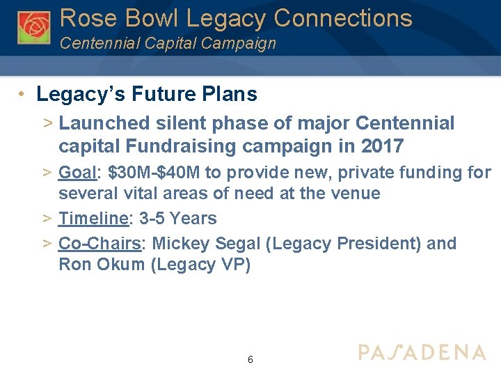 Rose Bowl Legacy Connections Centennial Capital Campaign • Legacy’s Future Plans > Launched silent